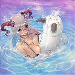 1girl 1girl absurd_res alluring bare_arms bare_shoulders big_breasts bikini blue_hair breast_press cleavage collarbone colored_inner_hair commentary curled_horns english_commentary fire_emblem fire_emblem_heroes freyja_(fire_emblem) freyja_(summer)_(fire_emblem) from_above goat_horns grey_hair grin high_res holding_floatie horns inflatable_toy intelligent_systems long_hair looking_at_viewer looking_up multicolored_hair nintendo official_alternate_costume outside partially_submerged red_eyes red_horns smile swimsuit two-tone_hair unaligned_breasts very_long_hair water white_bikini yasopery