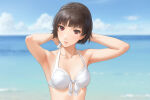 1girl 1girl alluring arms_behind_head arms_up atlus beach bikini blue_sky blunt_bangs blurry blurry_background braid brown_hair cleavage crown_braid front-tie_bikini_top front-tie_top high_res looking_at_viewer makoto_niijima miura-n315 ocean paid_reward_available persona persona_5 sega silf sky swimsuit upper_body water white_bikini