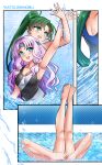 2girls alluring bare_legs barefoot bikini blue_eyes fire_emblem fire_emblem:_the_blazing_blade fire_emblem_warriors florina_(fire_emblem) green_hair intelligent_systems katou_shinobu lyn lyn_(fire_emblem) lyndis lyndis_(fire_emblem) medium_breasts one-piece_swimsuit pink_hair swimming_pool synchronized_swimming teal_eyes