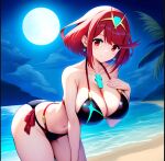 1girl alluring athletic_female beach bikini cleavage female_abs fit_female moonlight night_sky nightcore_(artist) nintendo ocean pyra_(xenoblade) red_eyes red_hair xenoblade_(series)