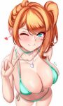 1girl 1girl 1girl alluring anisdrawn bikini blue_eyes blush cleavage female_only heart heart_necklace human human_only navel necklace nintendo one_eye_closed orange_hair pokemon pokemon_ss sonia_(pokemon) standing swimsuit tagme v white_background