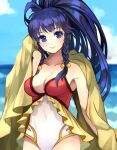 1girl 1girl alluring bare_shoulders braid cleavage day female_focus fire_emblem fire_emblem:_the_sacred_stones fire_emblem_heroes gloves head_tilt intelligent_systems jurge long_hair looking_at_viewer medium_breasts nintendo one-piece_swimsuit open_mouth outside pegasus_knight_uniform_(fire_emblem) ponytail purple_eyes purple_hair side_braid side_braids smile standing strapless strapless_one-piece_bikini swimsuit tana_(fire_emblem) tana_(noble_and_nimble)_(fire_emblem) twin_braids very_long_hair