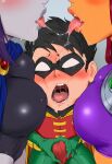 1boy 2_girls ai_generated big_breasts black_hair blush bulge bulge_through_clothing dc_comics grey_body grey_skin huge_breasts lucakp masked_male massive_breasts open_mouth orange_body orange_skin purple_hair raven_(dc) red_hair robin saliva spiky_hair starfire superheroine teen_titans thick_body thick_female threesome tongue_out yuri