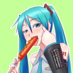 1girl aqua_eyes aqua_hair detached_sleeves eating high_res hot_dog ketchup long_hair miku_hatsune mustard nail_polish neck_tie oonishi_shunsuke open_mouth sexually_suggestive solo tongue twin_tails vocaloid