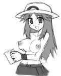 blue_(pokemon) blue_eyes blush breasts brown_eyes brown_hair copo_deluxe creatures_(company) female_protagonist_(pokemon_rgby) game_freak hat huge_breasts humans_of_pokemon leaf_(pokemon) long_hair nintendo nipples pokemon pokemon_(game) pokemon_red_green_blue_&_yellow pokemon_rgby pokemon_special porkyman topless video_game_character