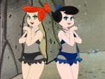 2_girls 2girls babydoll betty_rubble black_hair brunette cave female female_only looking_at_viewer panties red_hair redhead standing the_flintstones wilma_flintstone