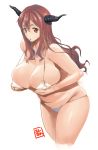 1girl bare_shoulders bikini breast_hold breast_lift breasts cameltoe covered_nipples erect_nipples erect_sawaru high_res highres horns huge_breasts long_hair maou_(maoyuu) maoyuu_maou_yuusha plump red_eyes red_hair solo strap_gap string_bikini swimsuit white_bikini white_swimsuit