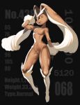  1girl black_sclera breasts bunny english kazutani_ninshi lopunny navel nintendo no_humans pokemon simple_background standing thighs wadani_hitonori yellow_eyes 