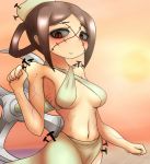 1girl bikini breasts brown_hair carol_(skullgirls) painwheel_(skullgirls) red_eyes scar short_hair skullgirls solo spoilers stitches swimsuit