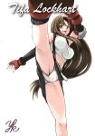 1girl brown_hair character_name final_fantasy final_fantasy_vii fingerless_gloves gloves kicking leg_lift leg_up long_hair midriff miniskirt orange_eyes panties pantyshot pencil_skirt shirt shoes skirt smile solo taut_clothes taut_shirt tifa_lockhart underwear upskirt white_background white_panties yamakou_(pixiv16324)