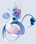 blue_background dragonair english head_wings headphones horn no_humans pink_eyes pokemon profanity simple_background skirt slugbox solo