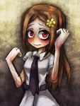 1girl blush brown_hair carol_(skullgirls) hair_ornament hairclip long_hair neck_tie necktie painwheel_(skullgirls) ray-k red_eyes scar school_uniform skullgirls smile solo spoilers stitches tie veins