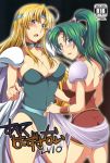 2girls belt big_breasts blonde_hair blue_eyes blush breasts cape celes_chere final_fantasy final_fantasy_vi green_hair hair headband jewelry long_hair looking_at_viewer mekabu_aji_max multiple_girls ponytail saketoba_meshi shy sweat terra_branford thighs tina_branford