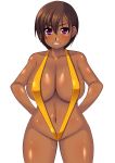 1girl breasts dark_skin dead_or_alive highres huge_breasts large_breasts lisa_hamilton looking_at_viewer myougi_kuraganosuke navel purple_eyes short_hair simple_background sling_bikini smile solo swimsuit tecmo white_background