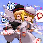  2girls blonde_hair blue_eyes bow clothed_sex cum cum_in_pussy dual_persona futa_with_female futanari hat heart heart-shaped_pupils lily_black lily_white mars_symbol multiple_girls ninniku_(kari) ninniku_(ninnniku105) one_eye_closed red_eyes selfcest sex symbol-shaped_pupils touhou vaginal venus_symbol wince wink 