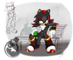  2013 anthro big_penis black chaos_emerald chaos_emeralds chest_tuft cigarette furry gloves hedgehog male neokat penis red_eyes sega shadow_the_hedgehog smoke smoking sneakers solo sonic_(series) testicles uncut 