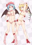 2_girls 2girls armpits arms_up ass bat_wings bikini blonde_hair blue_hair blush breasts cameltoe checkered checkered_background covered_nipples erect_nipples fang female flandre_scarlet flat_chest from_behind hat high_heels kneehighs looking_back micro_bikini midriff mizuryuu_kei multiple_girls navel open_shoes pink_bikini pink_eyes red_eyes remilia_scarlet shoes short_hair siblings side_ponytail sisters smile socks standing striped striped_legwear sweat swimsuit thong_bikini touhou wings wrist_cuffs yellow_bikini