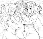  1boy 2_girls 2girls bed breasts cuddling flat_chest gebyy-terar girl_sandwich hug huge_breasts hugging large_breasts long_hair maou_(maoyuu) maoyuu_maou_yuusha monochrome multiple_girls nightgown onna_kishi_(maoyuu) sandwiched sketch sleeping yuusha_(maoyuu) 