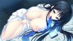 1girl bed big_breasts black_hair blue_eyes breast_grab breasts cellphone game_cg hair highres kimono long_hair lovesick_puppies masturbation nipples orie_karakouji_(lovesick_puppies) solo visual_novel