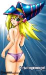  1girl ass breasts dark_magician_girl green_eyes long_hair looking_back panties purple_panties smile solo thong-revolution topless underwear wink yu-gi-oh! 