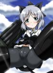  1girl animal_ears aqua_eyes black_legwear blush cat_ears cat_tail cloud crotch_seam from_below looking_down military military_uniform pantyhose rocket_launcher sanya_v_litvyak short_hair silver_hair sky solo spread_legs strike_witches striker_unit tail uniform weapon yumekaranigeruna 