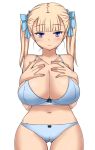 1girl big_breasts blonde_hair blue_bra blue_eyes blue_panties bow bra breast_suppress breasts cleavage hair_bow high_res highres huge_breasts large_breasts lingerie maru_(maruttona) navel original panties simple_background solo thigh_gap underwear underwear_only white_background wide_hips