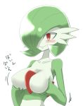 big_breasts blush breasts chest_jewel creatures_(company) fairy_type_pokemon game_freak gardevoir gen_3_pokemon green_hair hair_over_one_eye large_breasts miya_(fri) nintendo no_humans pokemon pokemon_(anime) pokemon_(creature) pokemon_(game) pokemon_(species) psychic_type_pokemon red_eyes short_hair simight simple_background smile solo white_background