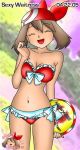  1girl 2005 :d alluring arm arms art bandana bandanna bare_arms bare_legs bare_shoulders beach big_breasts bikini breasts cleavage closed_eyes collarbone dated frilled_bikini frilled_swimsuit frills frisbee frizbee happy haruka_(pokemon) holding legs maveryck85 may midriff navel neck nintendo open_mouth pokemon pokemon_(anime) pokemon_(game) pokemon_rse red_bandana red_bandanna red_bikini red_swimsuit short_hair smile standing strapless strapless_bikini strapless_swimsuit swimsuit 