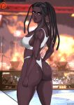  1girl abs alluring amber_eyes artist_name artist_signature ass back_turned back_view breasts cleavage commission dark-skinned_female dark_skin dat_ass dreadlocks female_abs female_only hips master_raven namco scar tekken tekken_7 thighs thong thong_bikini video_games voluptuous waist xplotter 