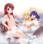  3girls :d aikatsu! aratsuka blonde_hair blue_eyes blue_hair blush brown_hair censored closed_eyes female hair hoshimiya_ichigo kiriya_aoi long_hair looking_at_viewer multiple_girls navel niizuka_(c-drop) nude one_eye_closed onsen open_mouth purple_eyes shared_bathing shibuki_ran sitting smile steam wading water wink 