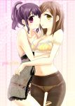 2_girls bra brown_hair lingerie multiple_girls panties pink_panties short_hair smile underwear yellow_panties yuri