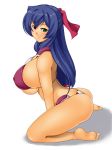  1girl asama_tomo ass barefoot bikini blue_hair breasts green_eyes hair_ribbon half_updo heterochromia huge_ass huge_breasts kawanuma_uotsuri kneeling kyoukai_senjou_no_horizon kyoukaisenjou_no_horizon long_hair looking_at_viewer low-tied_long_hair red_eyes ribbon seiza sitting skindentation solo swimsuit thong_bikini underboob 