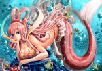 1girl big_breasts blue_eyes breasts bubble cleavage clown_fish female fish long_hair looking_at_viewer mermaid midriff ocean one_piece pink_hair princess shirahoshi solo underwater water