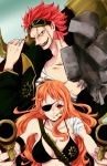  1boy 1girl bandage bikini_top breasts cleavage dual_wielding duo eustass_captain_kid eyepatch goggles goggles_on_head gun long_hair nami nami_(one_piece) one_piece orange_hair prosthesis prosthetic prosthetic_arm red_hair scar timo weapon 