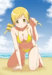  1girl :o arm_support barefoot beach bikini blonde_hair breasts cap_(artist) cap_(dkdm-d) cleavage drill_hair kneeling long_hair mahou_shoujo_madoka_magica navel paw_pose solo swimsuit tomoe_mami twin_drills twin_tails twintails yellow_bikini yellow_eyes 