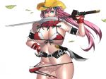  1girl big_breasts bikini blue_eyes breasts censored futanari kagura_(oneechanbara) large_breasts leaf long_hair oneechanbara penis pink_hair ramda26 solo swimsuit sword testicle testicles very_long_hair weapon 