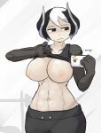 1girl 1girl abs big_breasts black_eyes black_hair cellphone cleavage expressionless female_only made_in_abyss maximumpingas no_bra ozen phone selfpic shirt_lift short_hair sweatpants tank_top white_highlights wide_hips