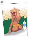 1girl ass big_ass blonde_hair buttholemagick dark-skinned_female dark_skin gwyn_(sait0moriyama) huge_ass large_ass long_hair looking_at_viewer looking_back purple_eyes round_ass shades sitting sportswear water_bottle workout