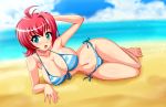 1girl aqua_eyes beach bikini borrowed_character breasts curvy cyan_eyes high_res highres huge_breasts lilia_(master_64) lying open_mouth original red_hair short_hair sigurd_hosenfeld sigurdhosenfeld slender_waist solo swimsuit wide_hips