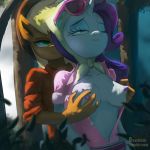 2_girls 2girls anthro applejack breasts female friendship_is_magic from_behind multiple_girls my_little_pony obsidianlit pinch rarity yuri