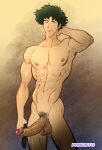  1boy artist_name big_penis completely_nude_male cowboy_bebop looking_at_viewer male male_focus male_only male_pubic_hair muscle muscular muscular_male nude nude_male penis phausto pubic_hair solo_male spike_spiegel weapon 