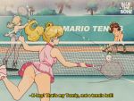  3_girls 3girls ass bare_shoulders blonde blonde_hair blue_eyes bluethebone clothed crown dress earrings english_text eyebrows_visible_through_hair female female_human human long_blonde_hair long_hair mario_tennis panties pantyshot princess_daisy princess_peach princess_rosalina rosalina royalty sleeveless super_mario_bros. tennis_court tennis_dress tennis_net tennis_outfit tennis_racket tennis_uniform turnip upskirt 