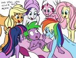 applejack_(mlp) beauty_mark bed blue_body breasts clothing female fluttershy_(mlp) friendship_is_magic green_hair group hair harem humanized megasweet multicolored_hair my_little_pony nude open_mouth pants pink_body pinkie_pie_(mlp) plain_background purple_body purple_hair rainbow_dash_(mlp) rainbow_hair rarity_(mlp) simple_background spike_(mlp) text topless towel twilight_sparkle_(mlp) white_background white_body yellow_body young