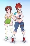  2girls big_breasts blue_eyes breasts brown_eyes brown_hair digimon female footwear front_view jeri_katou looking_at_viewer orange_hair rika_nonaka smile sparrow thong torn_clothes 