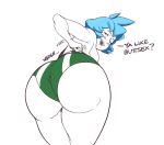 1girl ass bent_over big_ass blue_hair buttholemagick huge_ass large_ass looking_at_viewer looking_back round_ass short_hair sportswear teasing text thick_thighs trixie_(buttholemagick) wedgie