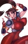  1girl absurd_res alluring artist_name big_breasts brown_eyes brown_hair calvin_sims covered_erect_nipples crossed_fingers fingerless_gloves gloves high_res jumpsuit long_hair looking_at_viewer ninja project_soul shoulder_pads soul_calibur soul_calibur_ii soul_calibur_iii soul_calibur_vi sword taki weapon 