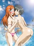 2_girls adun beach bikini black_hair bleach blue_sky clouds danny_sulca embarrassed grey_eyes inoue_orihime naughty_face ocean orange_hair purple_eyes surprised tatsuki_arisawa wink you_gonna_get_raped yuri