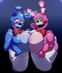 2_girls animatronic anthro areola artist_signature big_breasts blue_skin bon_bon_(fnaf) bonnet_(fnaf) bowtie breast_press breasts bunny five_nights_at_freddy's five_nights_at_freddy's:_sister_location fnaf_sister_location funtime_freddy_(fnaf) green_eyes hb-viper huge_breasts lagomorph looking_at_viewer open_mouth pink_skin puppet purple_eyes red_cheeks shiny_skin symmetrical_docking