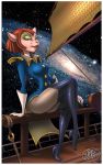 2011 ass boots brown_hair butt captain captain_amelia cat claws clothed clothing disney feline female fernando_faria_(artist) gloves green_eyes hair high_heels lips looking_at_viewer makeup ship short_hair sitting smirk solo space stars stockings tail thigh_highs thighs treasure_planet wide_hips