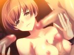 1girl atlus between_breasts blush breasts brown_eyes brown_hair censored chie_satonaka dutch_angle frown group_sex multiple_penises nipples paizuri penis persona persona_4 rape satonaka_chie short_hair skyscraper_(artist) solo_focus tomboy wristband